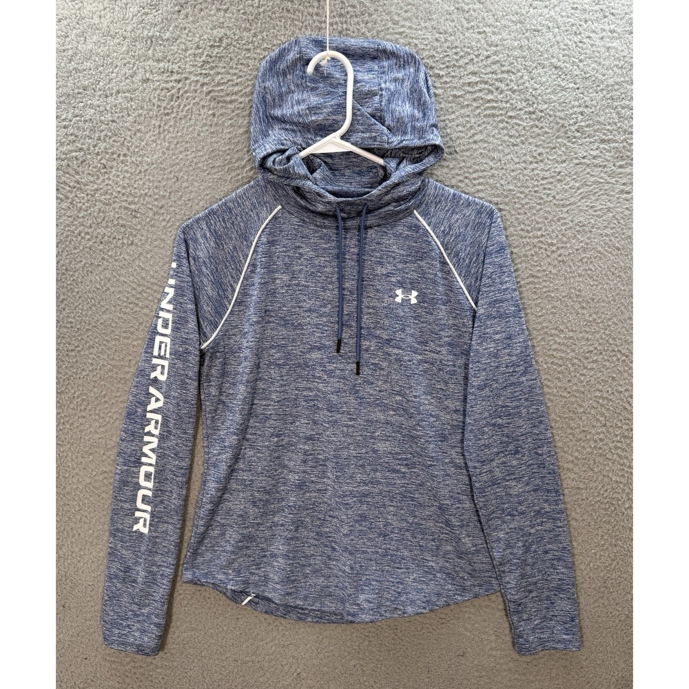 Under Armour Shirt Women Medium Loose Blue Heat Gear UA Velocity Wordmark Hoodie